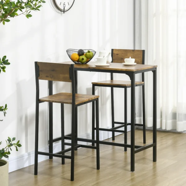 3 delige barset, staande tafel, 2 stoelen, mdf, metalen frame, waterbestendig, bruin 2