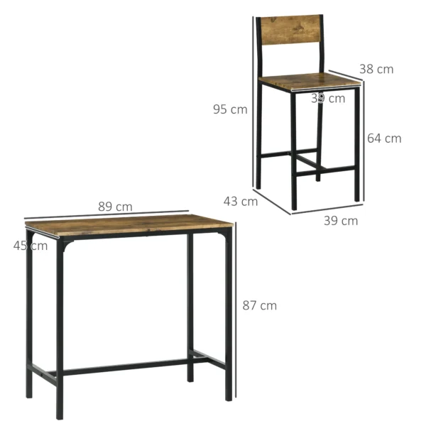 3 delige barset, staande tafel, 2 stoelen, mdf, metalen frame, waterbestendig, bruin 4