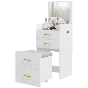 3 in 1 kaptafel met spiegel, nachtkastje, rolkruk, laden, wit 1