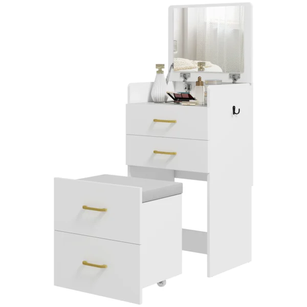3 in 1 kaptafel met spiegel, nachtkastje, rolkruk, laden, wit 1