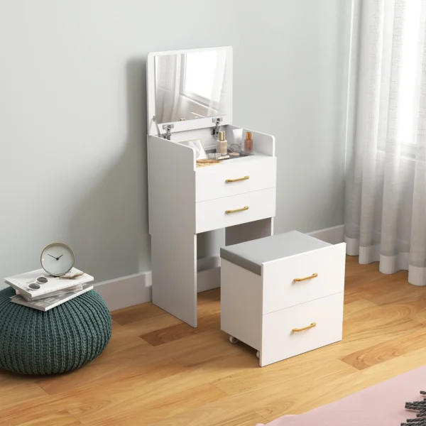 3 in 1 kaptafel met spiegel, nachtkastje, rolkruk, laden, wit 2