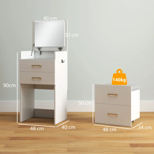 3 in 1 kaptafel met spiegel, nachtkastje, rolkruk, laden, wit 4
