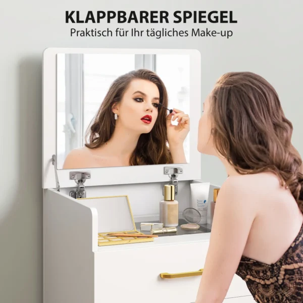 3 in 1 kaptafel met spiegel, nachtkastje, rolkruk, laden, wit 5