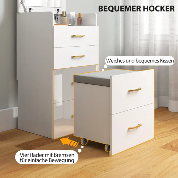3 in 1 kaptafel met spiegel, nachtkastje, rolkruk, laden, wit 6