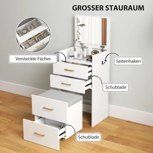 3 in 1 kaptafel met spiegel, nachtkastje, rolkruk, laden, wit 7