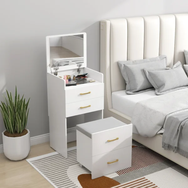 3 in 1 kaptafel met spiegel, nachtkastje, rolkruk, laden, wit 9