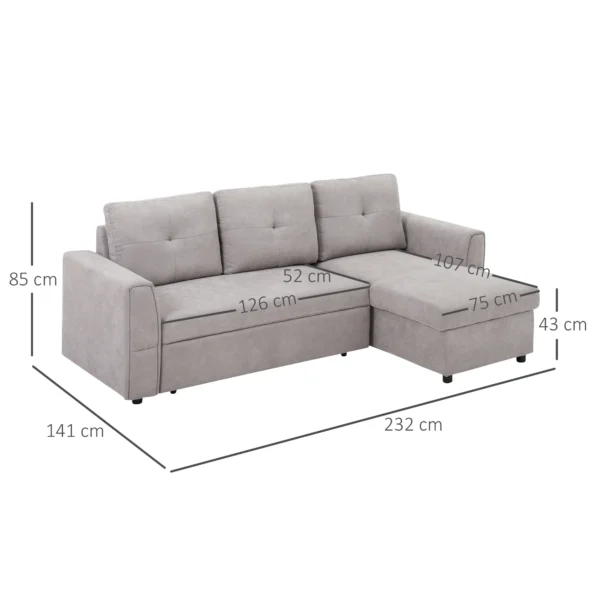 3 zitsbank met slaapfunctie, slaapbank met chaise longue, gestoffeerde bank, grijs 4