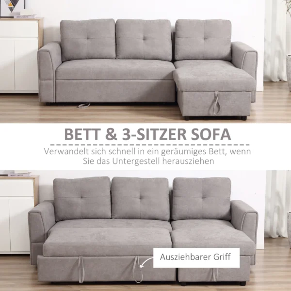 3 zitsbank met slaapfunctie, slaapbank met chaise longue, gestoffeerde bank, grijs 5