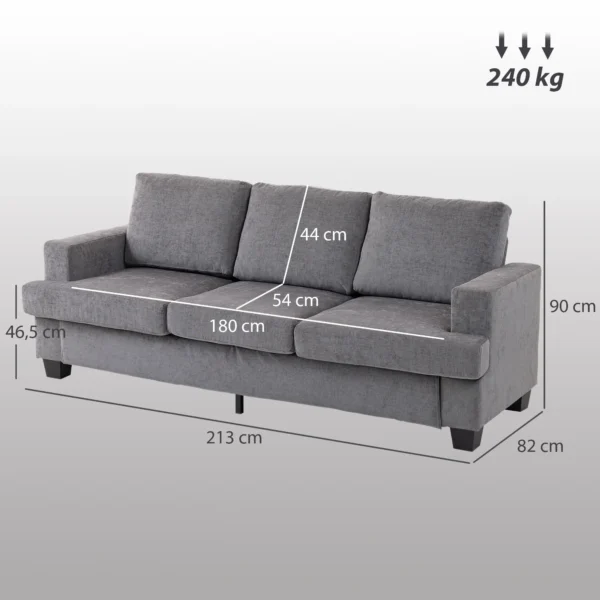 3 zitsbank, woonkamerbank voor 3 personen, stoffen bekleding, stalen frame, gestoffeerde bank, grijs 4