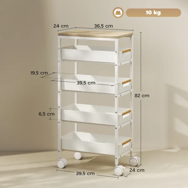 5 traps keukenwagen, houtlook, rolbaar, metalen frame, 4 lades, wit 4