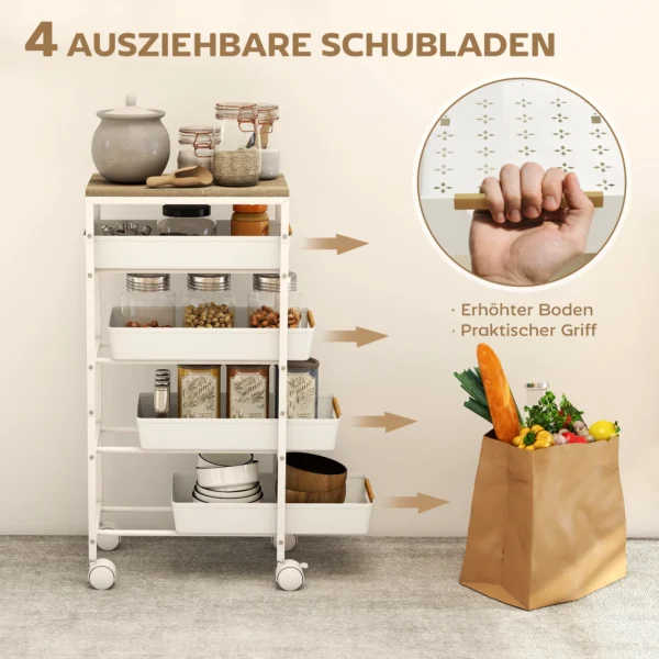 5 traps keukenwagen, houtlook, rolbaar, metalen frame, 4 lades, wit 5