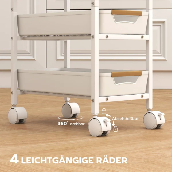 5 traps keukenwagen, houtlook, rolbaar, metalen frame, 4 lades, wit 6