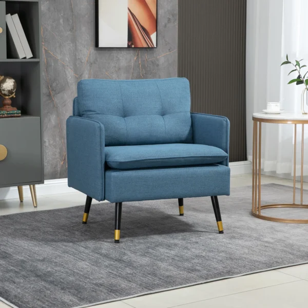 Accentstoel met knoopstiksels, gestoffeerde stoel, afneembare kussens, zwart + goud + blauw 2