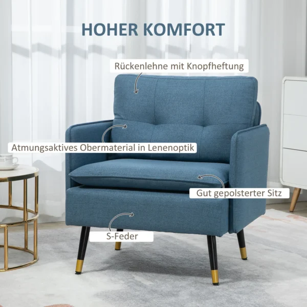 Accentstoel met knoopstiksels, gestoffeerde stoel, afneembare kussens, zwart + goud + blauw 5