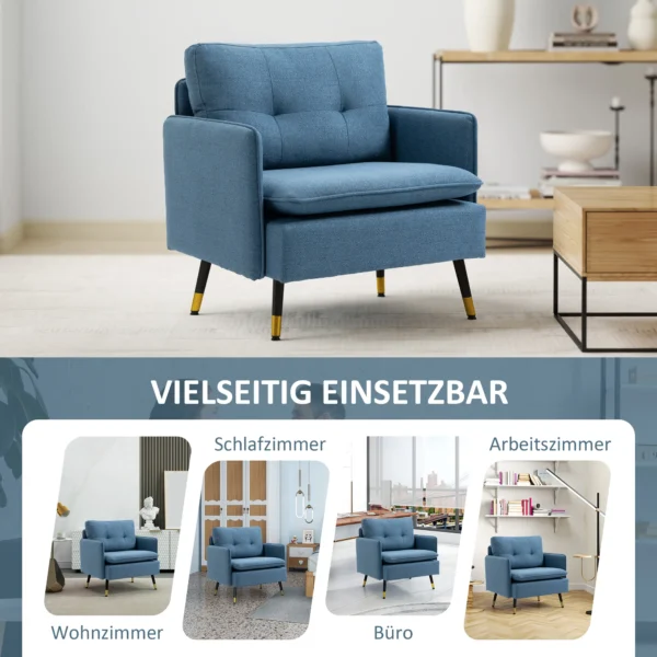Accentstoel met knoopstiksels, gestoffeerde stoel, afneembare kussens, zwart + goud + blauw 7
