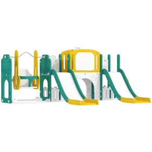 Aiyaplay 9 in 1 glijbaan en schommelset voor peuters, met basketbalring, telescoop, tekenbord, kikker design, geel+groen 1
