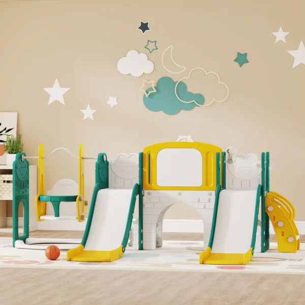 Aiyaplay 9 in 1 glijbaan en schommelset voor peuters, met basketbalring, telescoop, tekenbord, kikker design, geel+groen 2