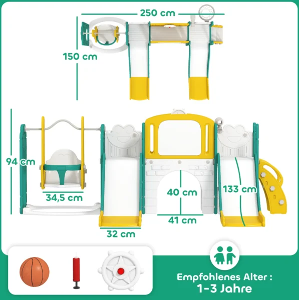 Aiyaplay 9 in 1 glijbaan en schommelset voor peuters, met basketbalring, telescoop, tekenbord, kikker design, geel+groen 4