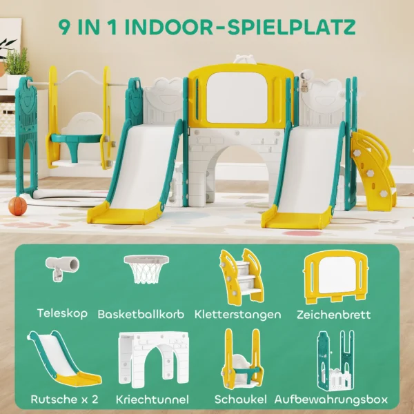 Aiyaplay 9 in 1 glijbaan en schommelset voor peuters, met basketbalring, telescoop, tekenbord, kikker design, geel+groen 5
