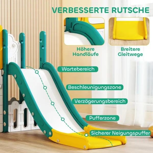 Aiyaplay 9 in 1 glijbaan en schommelset voor peuters, met basketbalring, telescoop, tekenbord, kikker design, geel+groen 6