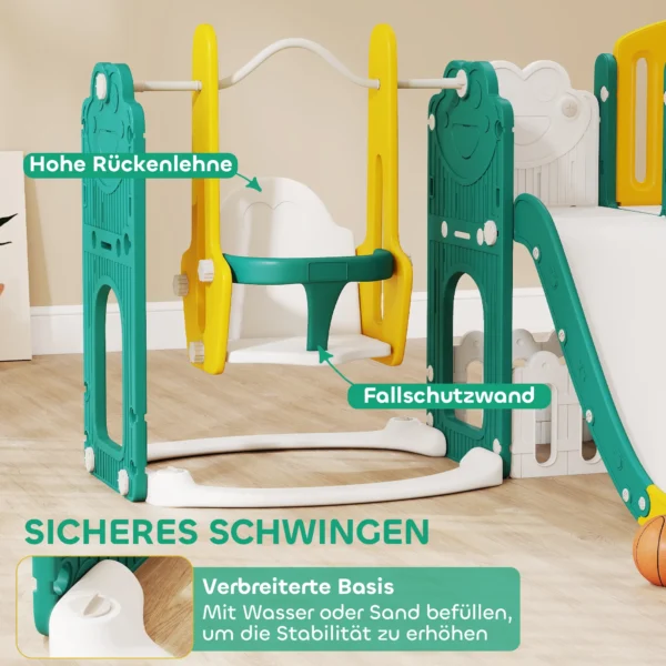 Aiyaplay 9 in 1 glijbaan en schommelset voor peuters, met basketbalring, telescoop, tekenbord, kikker design, geel+groen 7