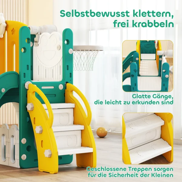 Aiyaplay 9 in 1 glijbaan en schommelset voor peuters, met basketbalring, telescoop, tekenbord, kikker design, geel+groen 8