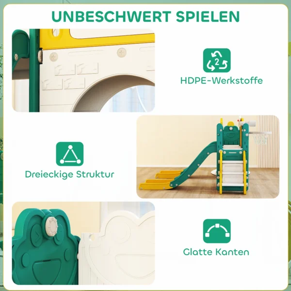 Aiyaplay 9 in 1 glijbaan en schommelset voor peuters, met basketbalring, telescoop, tekenbord, kikker design, geel+groen 9