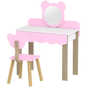 Aiyaplay kinder kaptafel set met kruk, make up spiegel, beervorm, lade, mdf, roze 1