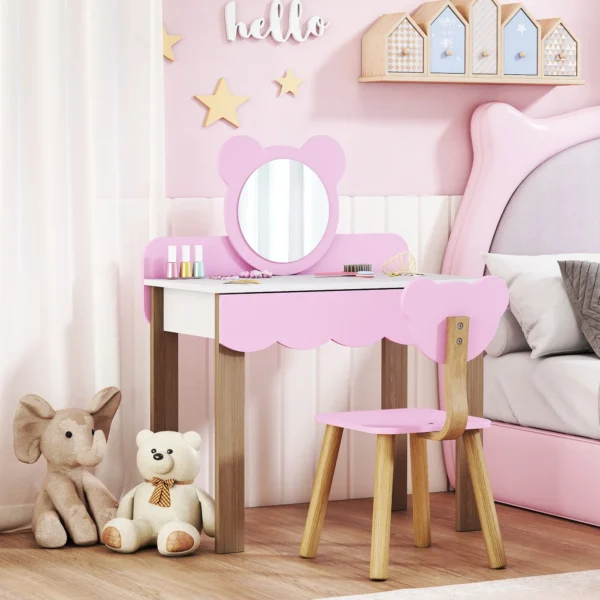 Aiyaplay kinder kaptafel set met kruk, make up spiegel, beervorm, lade, mdf, roze 2