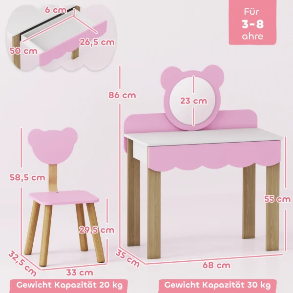 Aiyaplay kinder kaptafel set met kruk, make up spiegel, beervorm, lade, mdf, roze 4