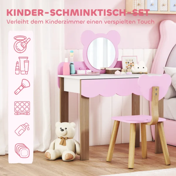 Aiyaplay kinder kaptafel set met kruk, make up spiegel, beervorm, lade, mdf, roze 5