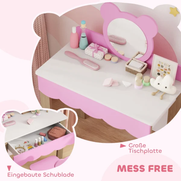 Aiyaplay kinder kaptafel set met kruk, make up spiegel, beervorm, lade, mdf, roze 6