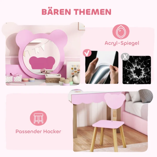 Aiyaplay kinder kaptafel set met kruk, make up spiegel, beervorm, lade, mdf, roze 7