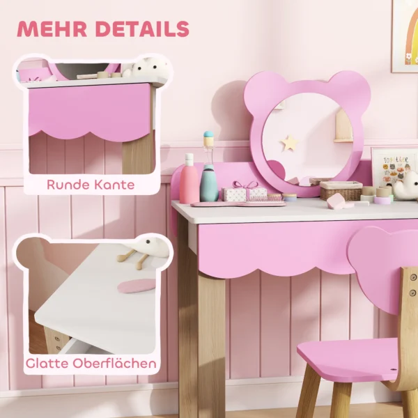 Aiyaplay kinder kaptafel set met kruk, make up spiegel, beervorm, lade, mdf, roze 8