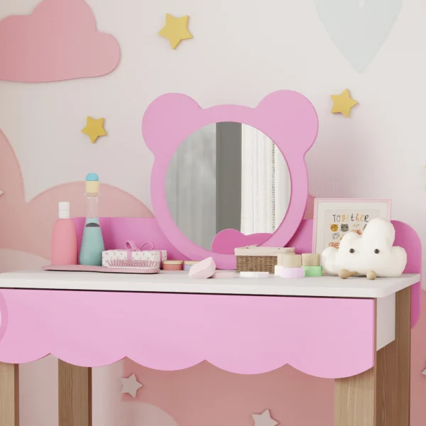 Aiyaplay kinder kaptafel set met kruk, make up spiegel, beervorm, lade, mdf, roze 9