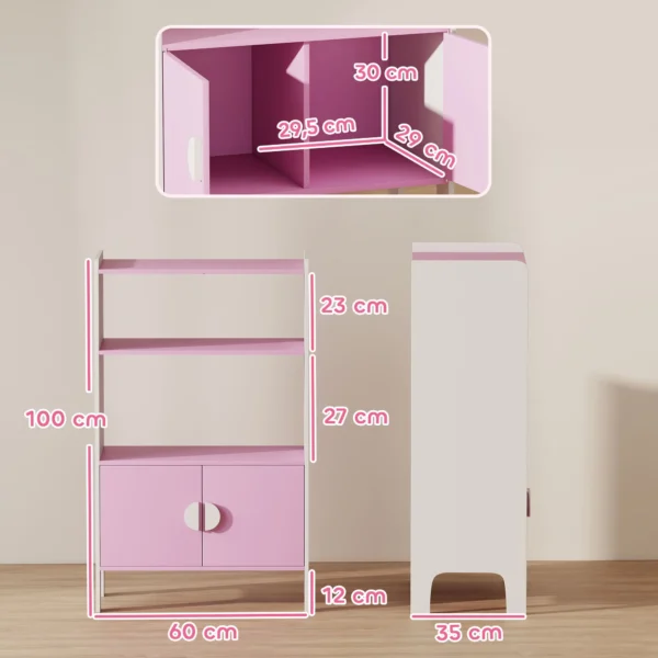 Aiyaplay kinderboekenkast, 2 planken, 2 kasten, vrijstaand, anti kantelontwerp, antislipvoeten, mdf, roze+wit 4
