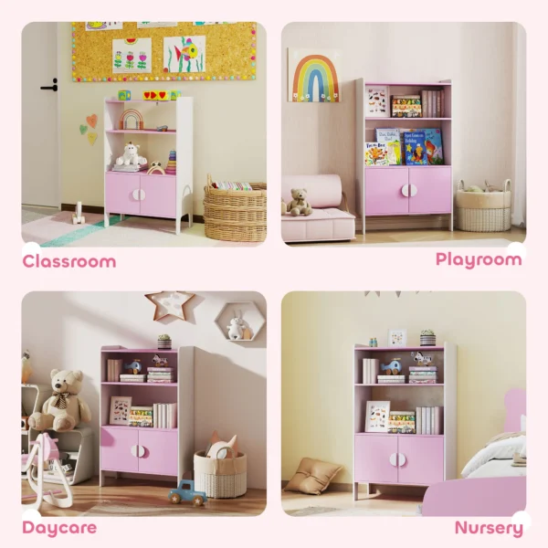 Aiyaplay kinderboekenkast, 2 planken, 2 kasten, vrijstaand, anti kantelontwerp, antislipvoeten, mdf, roze+wit 5