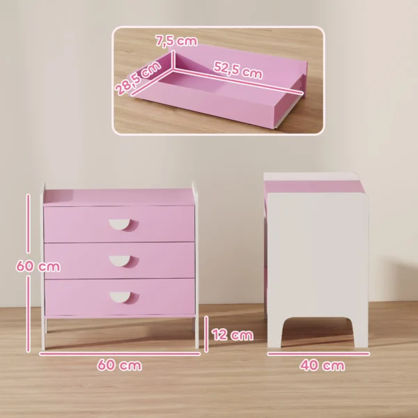 Aiyaplay kinderkast met 3 lades, mdf, opbergkast voor kinderen, roze+wit 4