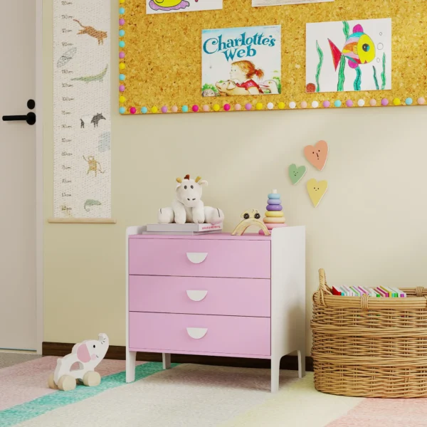 Aiyaplay kinderkast met 3 lades, mdf, opbergkast voor kinderen, roze+wit 5