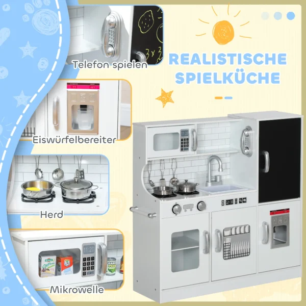 Aiyaplay kinderkeuken, speelkeuken met telefoon, schoolbord, magnetron, fornuis, spoelbak, accessoires, ijsmachine, 3 8 jaar, wit 6