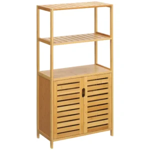 Badkamerkast, badkamerdressoir met lamellendeuren, badplank, bamboehout, natuurhout 1