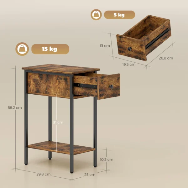 Bijzettafel met open vak en lade, nachtkastje, metalen poten, hout, bruin 4