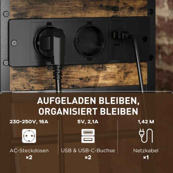 Bijzettafel nachtkastje met stekkerdoos, 2 niveaus, usb aansluitingen opbergruimte 60 x 29,8 x 58,5 cm rustiek bruin 5