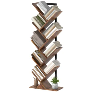 Boekenkast staande kast met 9 niveaus smalle kast in boomvorm voor kantoor, rustiek bruin 1