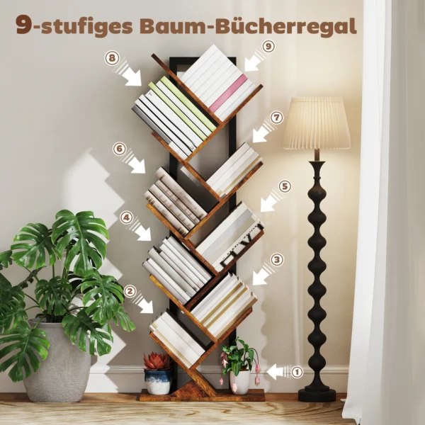 Boekenkast staande kast met 9 niveaus smalle kast in boomvorm voor kantoor, rustiek bruin 5
