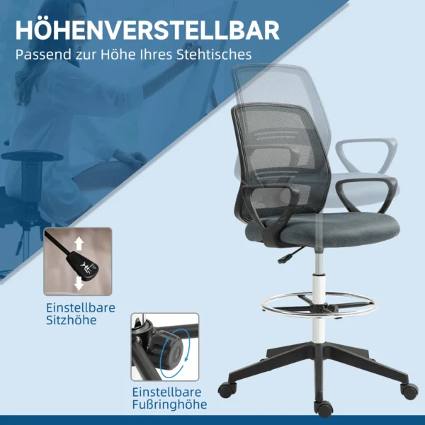 Bureaustoel ergonomische bureaustoel met armleuningen en verstelbare voetenring netbekleding grijs 7