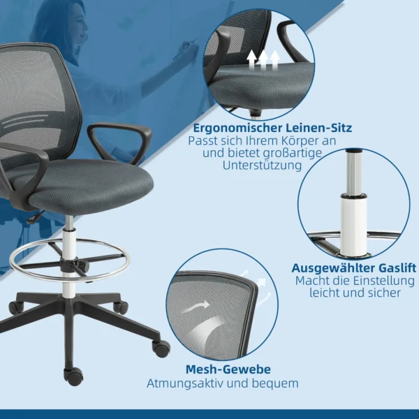 Bureaustoel ergonomische bureaustoel met armleuningen en verstelbare voetenring netbekleding grijs 9