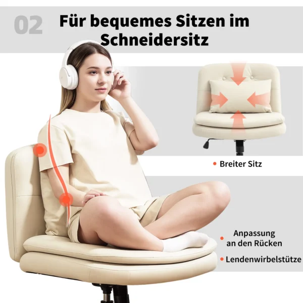 Bureaustoel zonder armleuningen met kunstlederen bekleding, bureaustoel met wieltjes, extra kussen, in hoogte verstelbaar, verrijdbaar, beige 6
