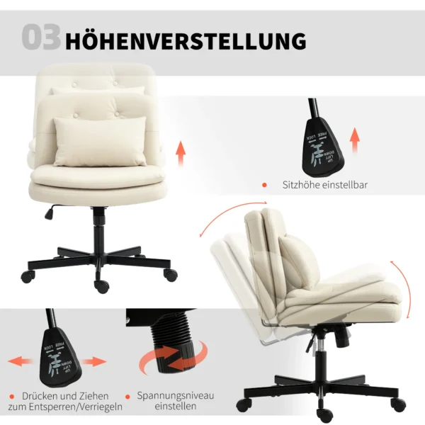 Bureaustoel zonder armleuningen met kunstlederen bekleding, bureaustoel met wieltjes, extra kussen, in hoogte verstelbaar, verrijdbaar, beige 9