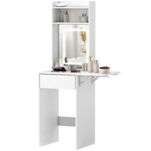 Compacte kaptafel met spiegel en led verlichting, klapbare tafelblad, openere planken, lade, mdf, wit 1